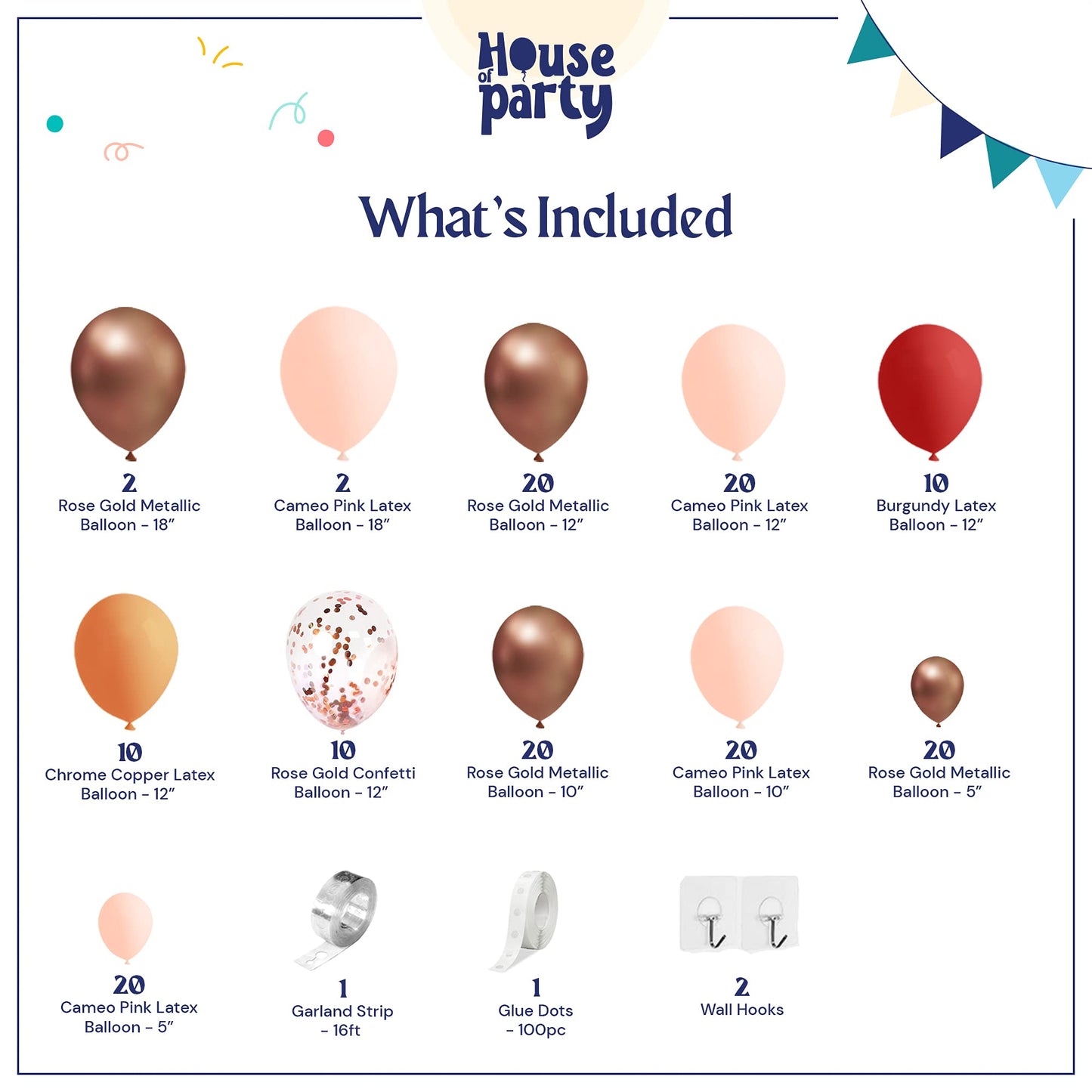 House Of Party Burgundy Balloon Garland Kit - 158 Pcs Metallic Rose Gold, Pink, Burgundy And Gold Balloons Arch Kit For Graduati
