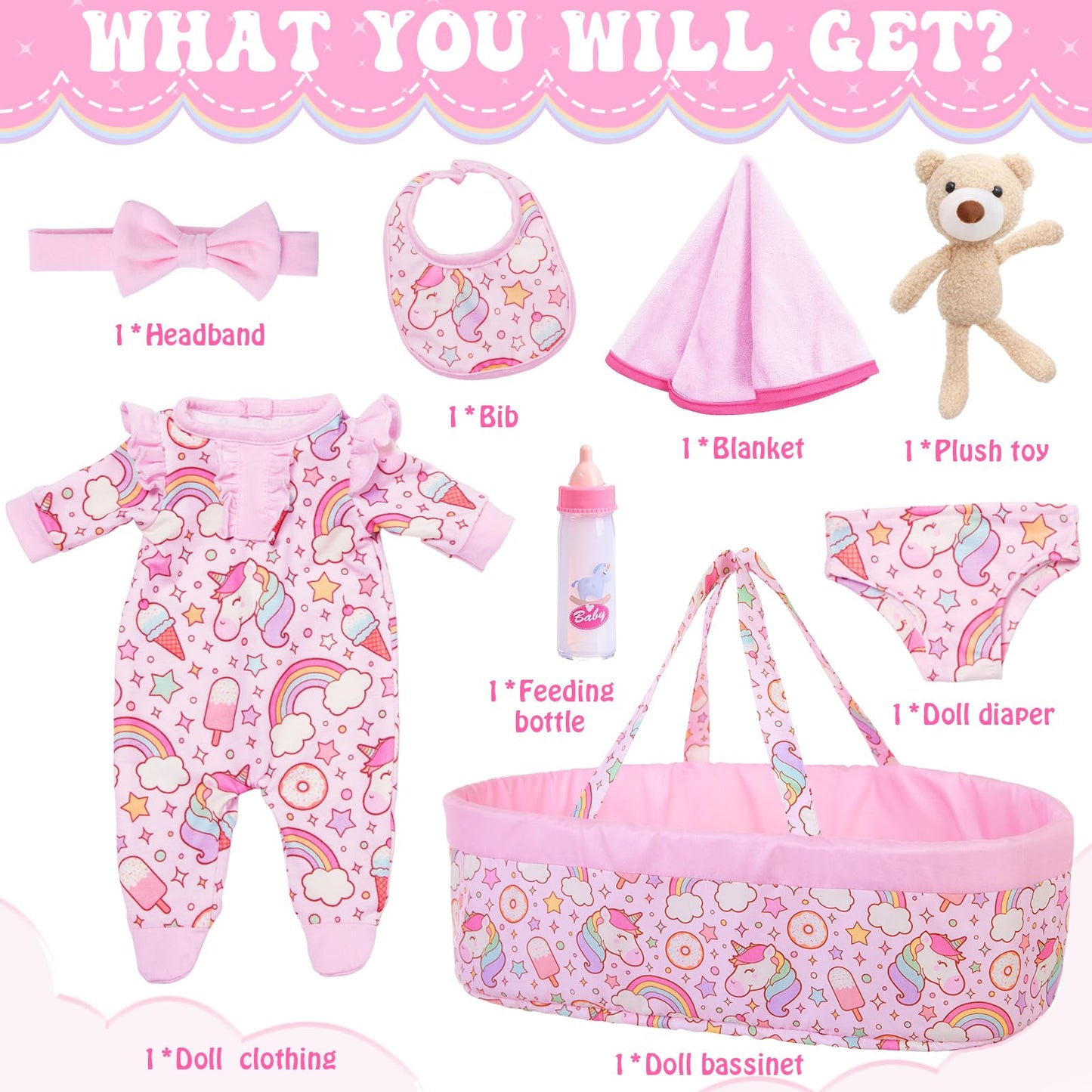 Ecorelf 8 Pcs Baby Doll Clothes With Bassinet For 16-18 Inch Baby Doll Reborn, Baby Doll Accessories Clothes Outfit Including Do