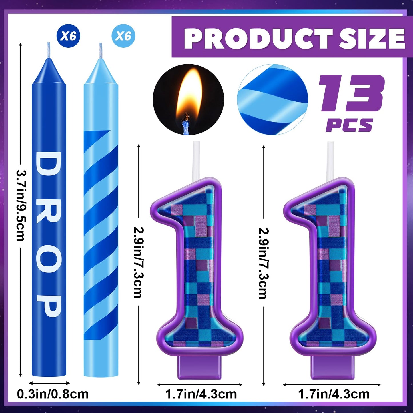 MTLEE 13 Pcs Video Game Birthday Candles Gaming Party Toppers for Cake Blue Purple Number Candle Battle Boys Birthday Cake Toppe