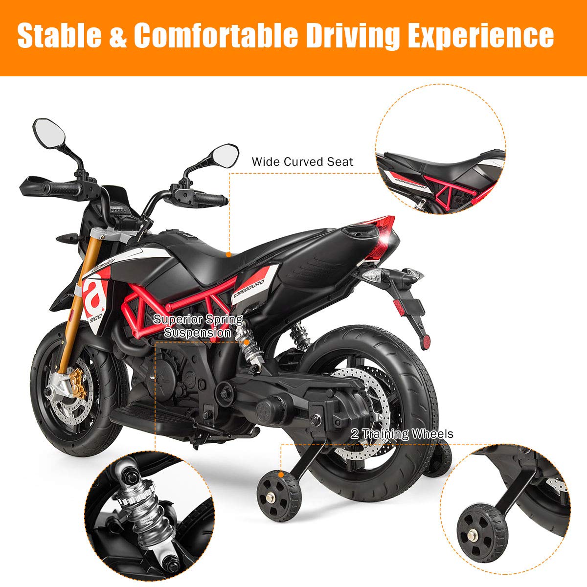 Costzon 12V Kids Motorcycle, Licensed Aprilia Electric Motorcycle Ride On Toy W/Training Wheels, Spring Suspension, Led Lights, Sounds & Music, Mp3, Battery Powered Dirt Bike For Boys & Girls, Red