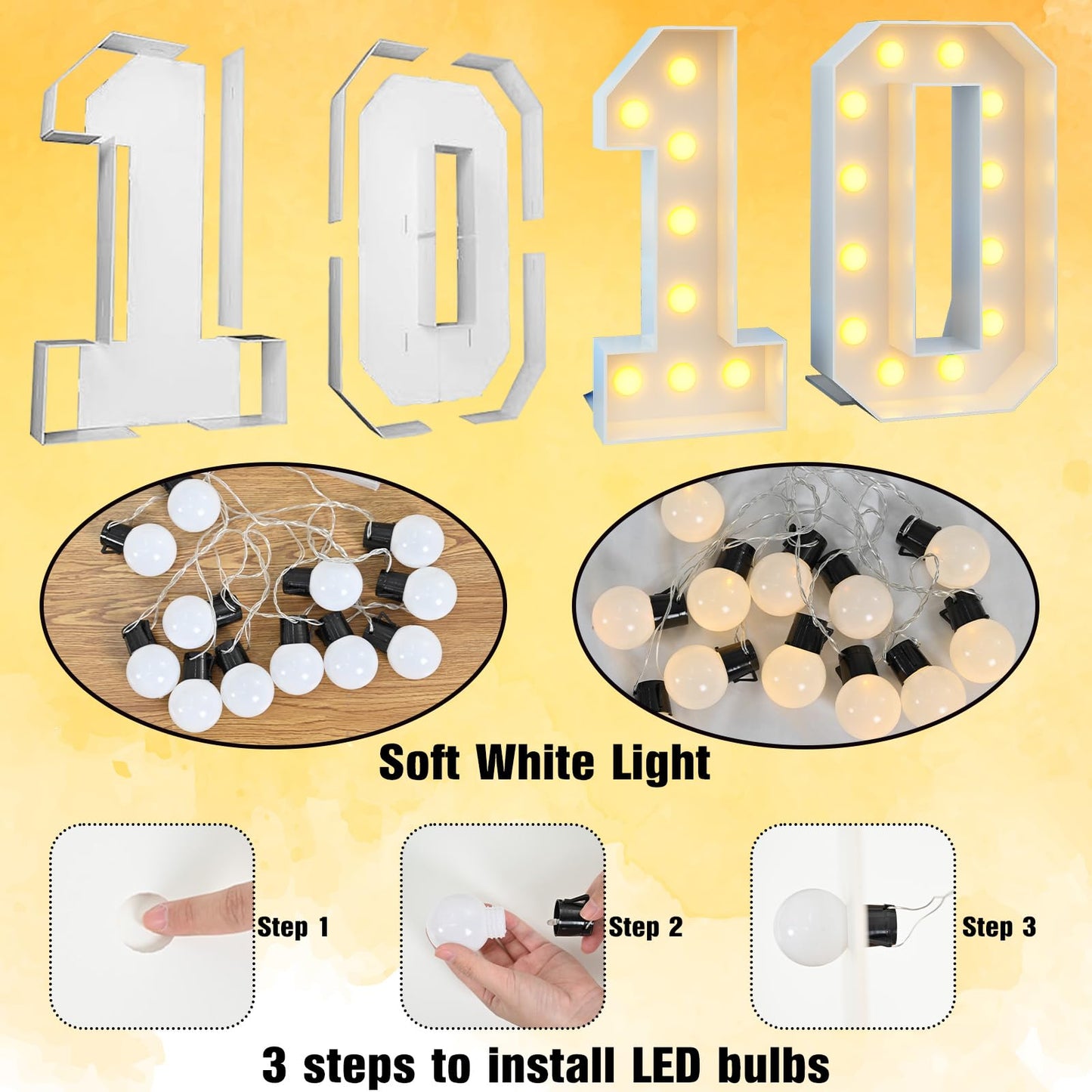 4Ft Light Up Numbers 10 Mosaic Numbers Marquee Frame For 10Th Birthday Party Large Cardboard With Light Bulbs Pre-Cut Kit Giant Cut-Out Thick Foam Board Sign Diy Boys Girls Decorations Anniversary