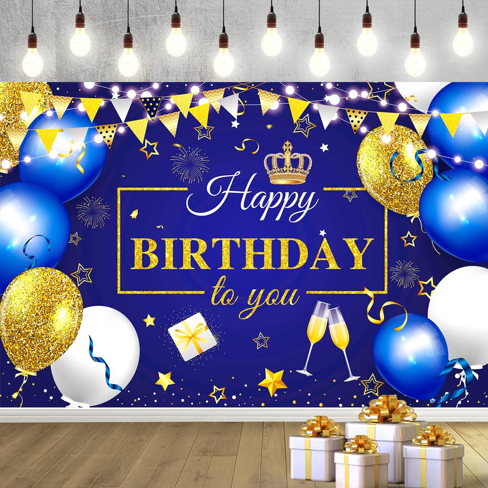 YinQin 180x120 cm Glitter Navy Blue Gold Happy Birthday Party Backdrops Cloth 71x47 inch Birthday Photography Backgrounds Royal