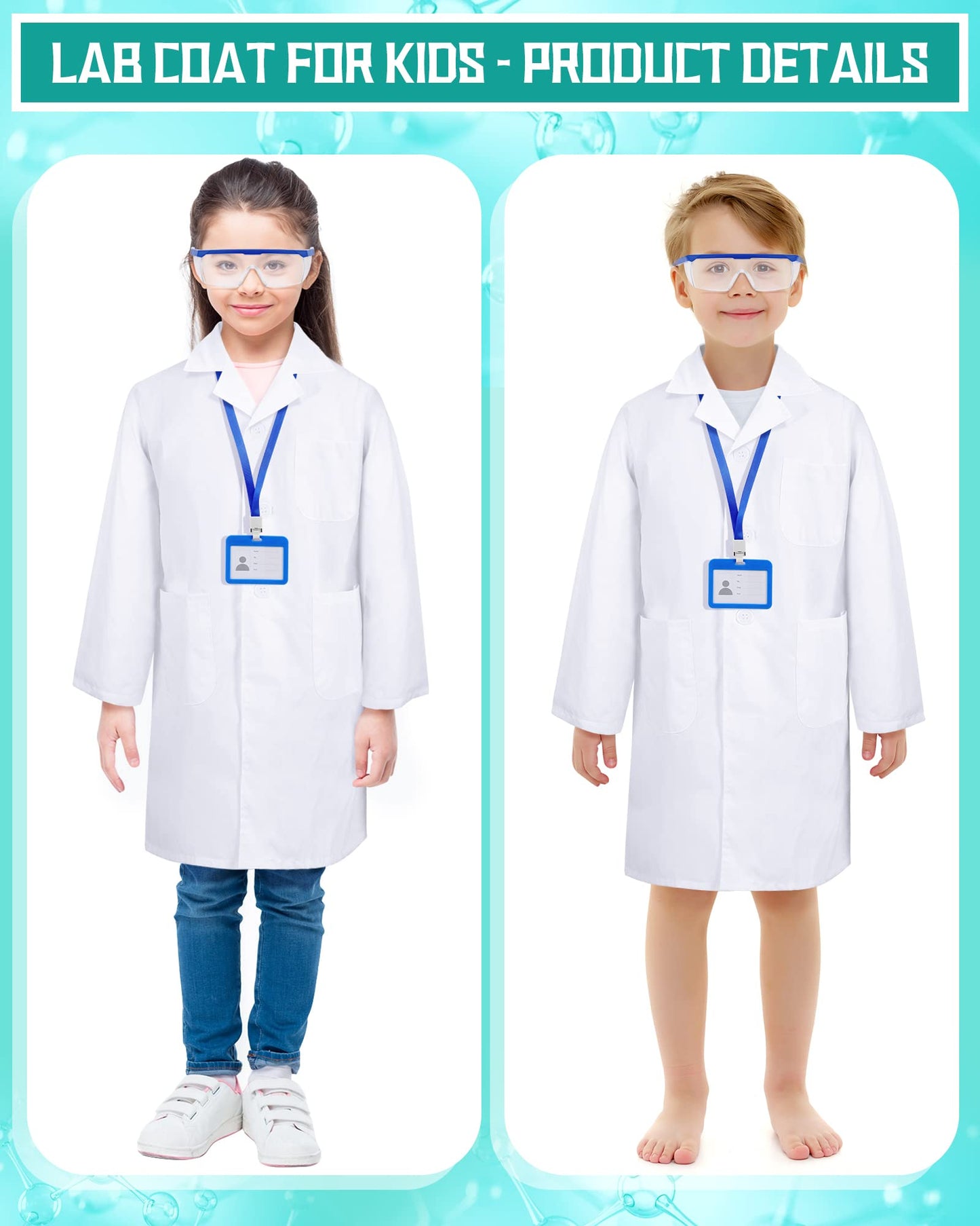 Xtinmee Kids Lab Coat Set - 12 Sets, 36 Pcs, Small, White & Blue, Includes Goggles & ID Card, Perfect for Halloween Dress-Up