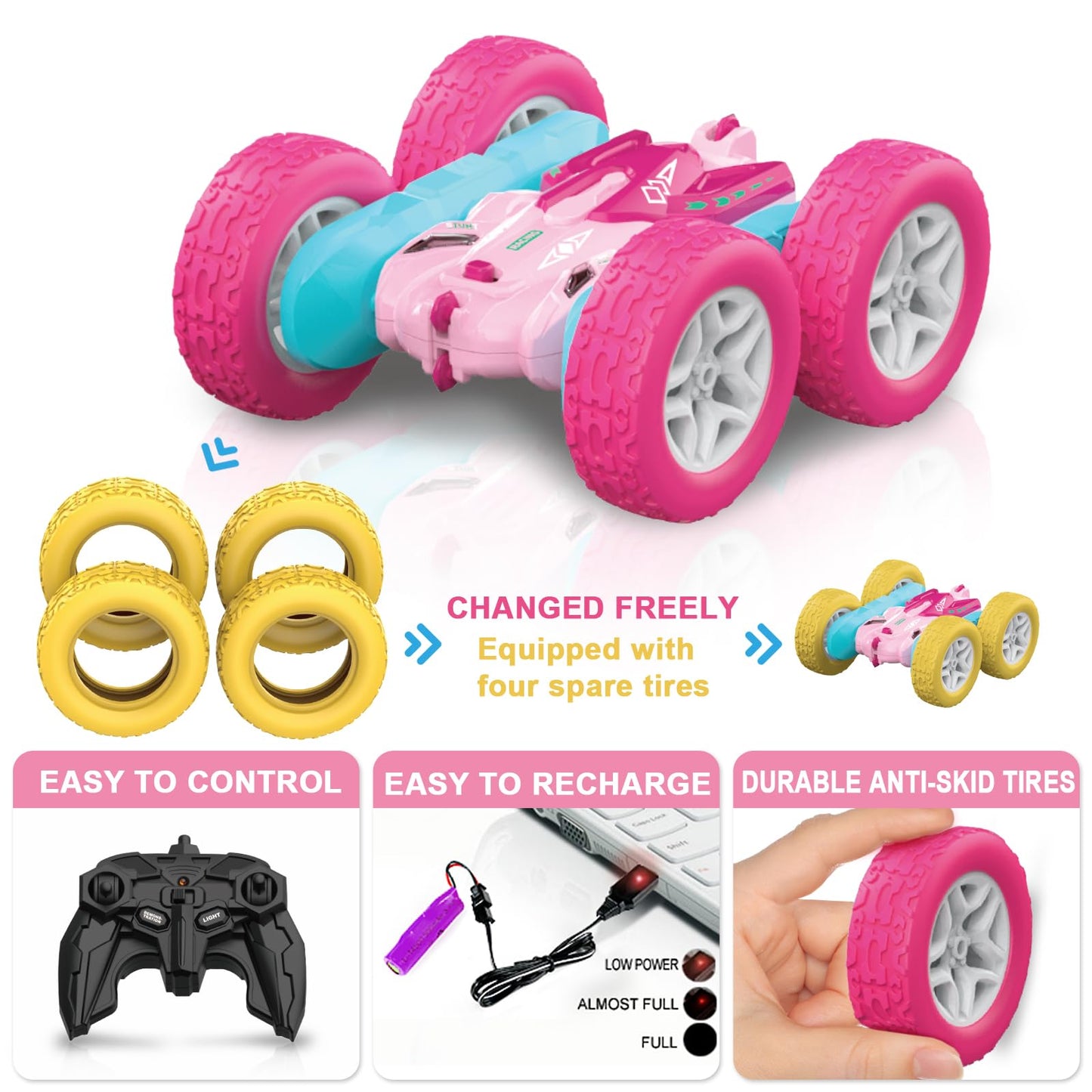 seveclotree Remote Control Car for Kids,360Rotating Double Sided RC Cars,4WD 2.4Ghz Stunt Car Toys with Headlights,Birthday Gift