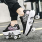 Double-Row Deform Wheel Automatic Walking Shoes Invisible Deformation Roller Skate 2 in 1 Removable Pulley Skates Skating Parkour (Black Powder  US8.5)