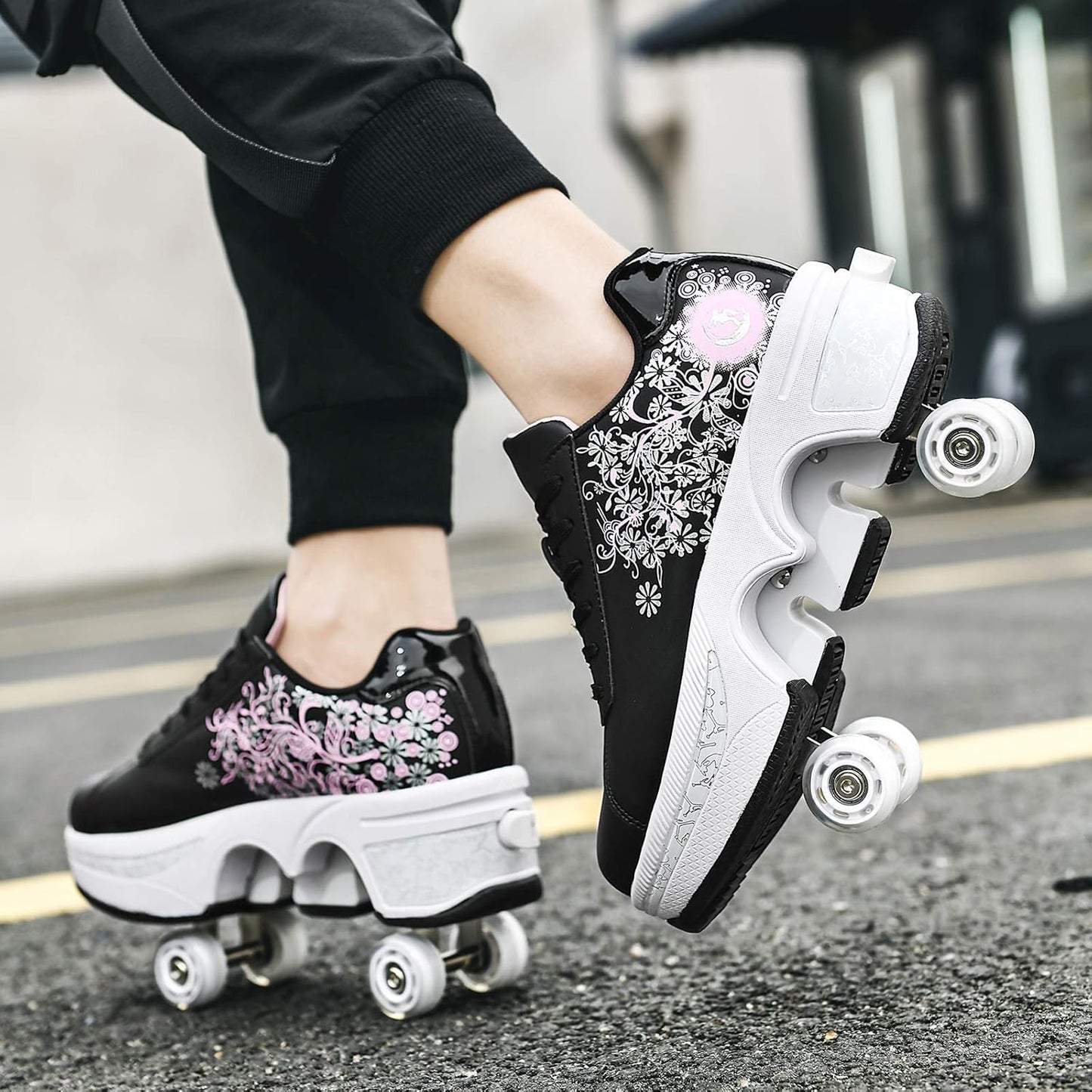 Double-Row Deform Wheel Automatic Walking Shoes Invisible Deformation Roller Skate 2 in 1 Removable Pulley Skates Skating Parkour (Black Powder  US8.5)