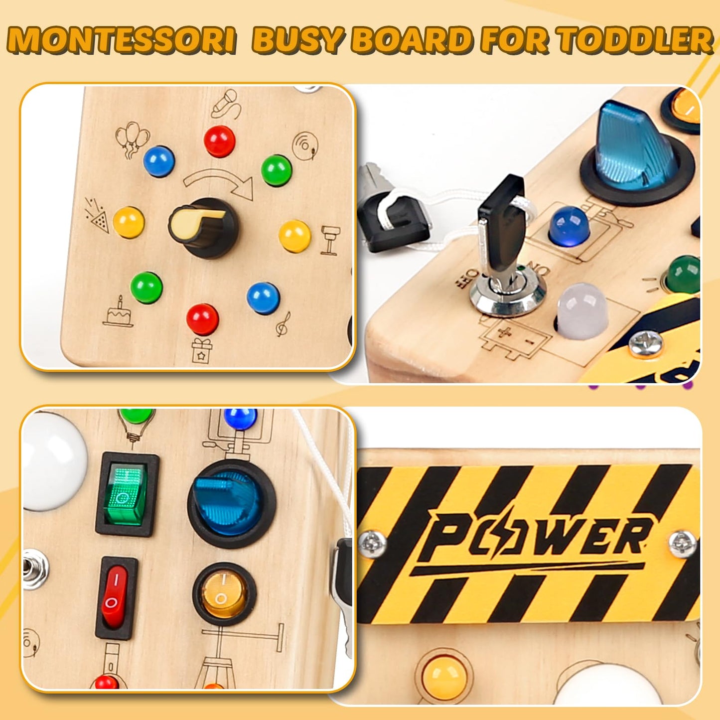 Joyreal Montessori Toddler Busy Board, 19 Led Wooden Sensory Board Educational Toys, Montessori Toys For 1-6 Year Old, Travel Toys Gifts For Toddlers Boys And Girls