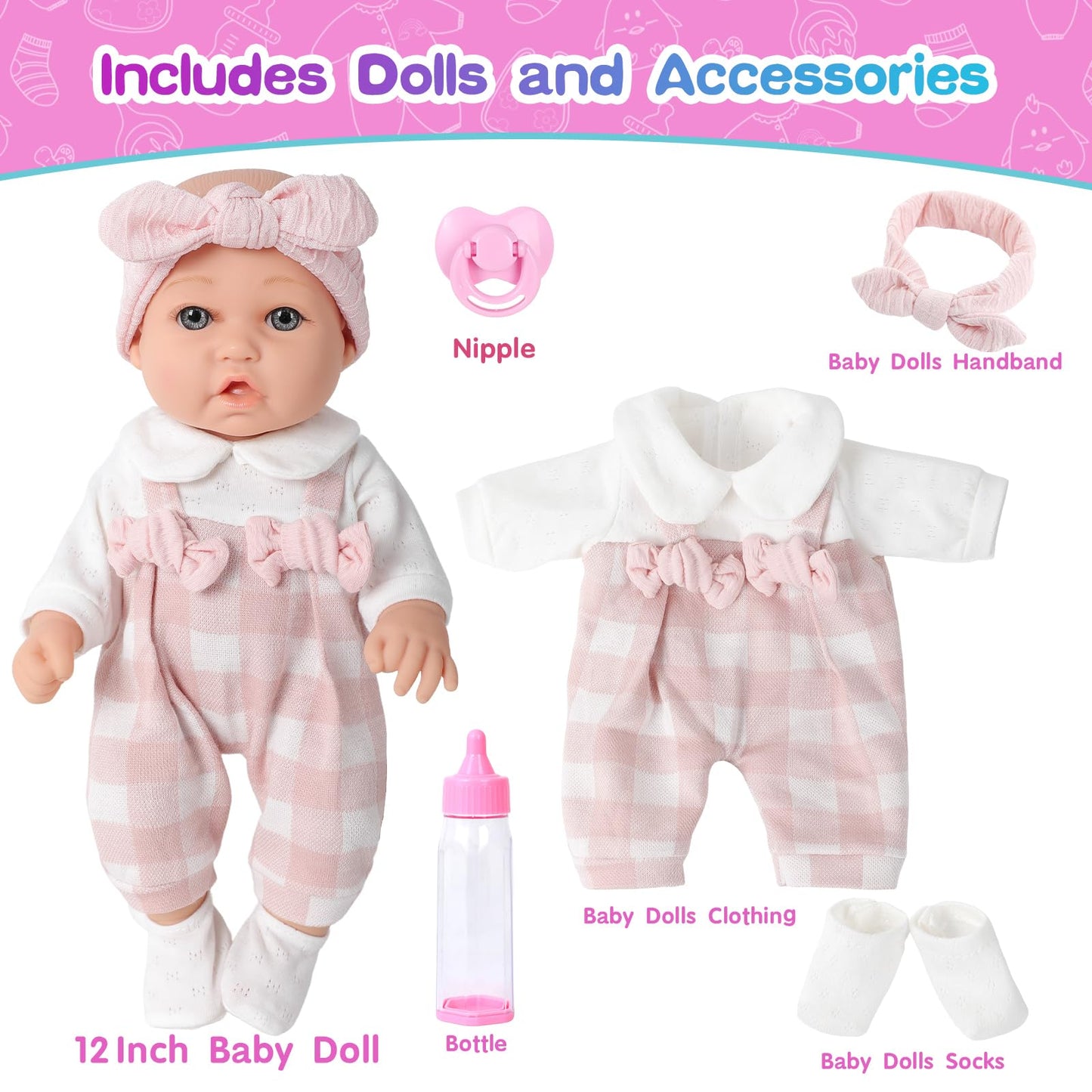 BDDOLL 12'' Baby Doll and Clothes Accessories Playset with Feeding Bottle Pacifier First Baby Dolls for Toddlers 36 Months and Up