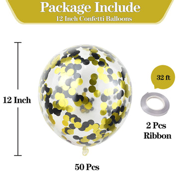 50Pcs Gold Black Foil Confetti Balloons,12 Inch Latex Balloon With Gold Black Confetti Inside For Birthday Family Party Graduation Decorations