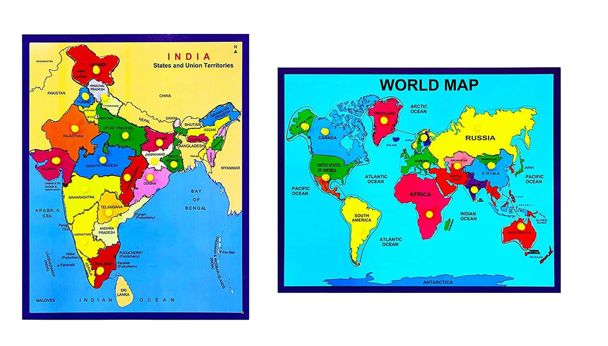 Khilonewale Kids Wooden Puzzles Toddlers Combo of Wooden World Map & India Map Puzzles with Knobs, Educational Puzzle,Learning 