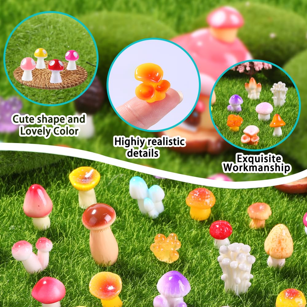 DIYDEC Mini Resin Mushrooms - 80pcs Multicolor Figures for Dollhouse Decor, 6.49 inches, Tiny Fairy Garden Accessories