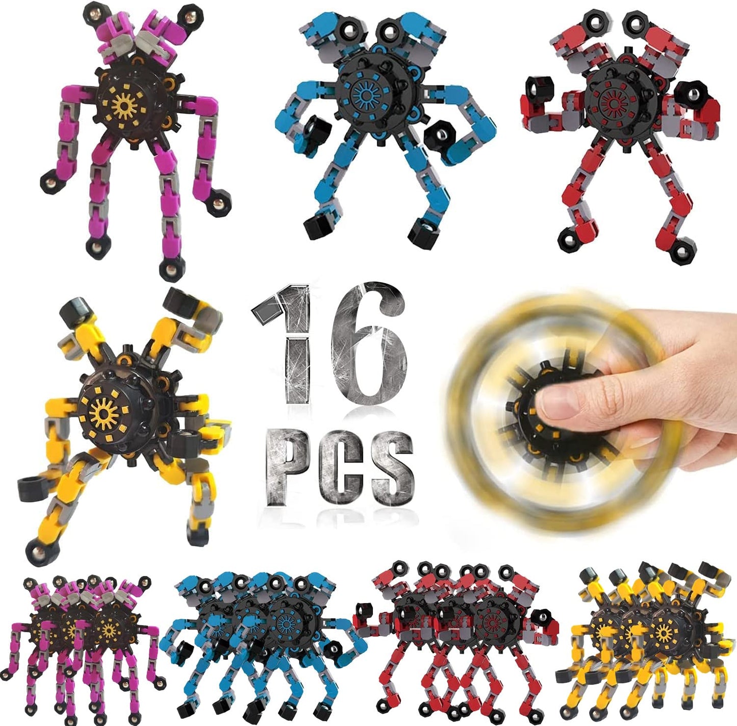16 Packs Funny Sensory Fidget Toys,Deformable Chain Diy Robot Spinners Fingertip Stress Relief Gyro Toy Birthday Gifts Goodie Bag Easter Basket Stuffers Classroom Prizes Party Favors For Kids Adults