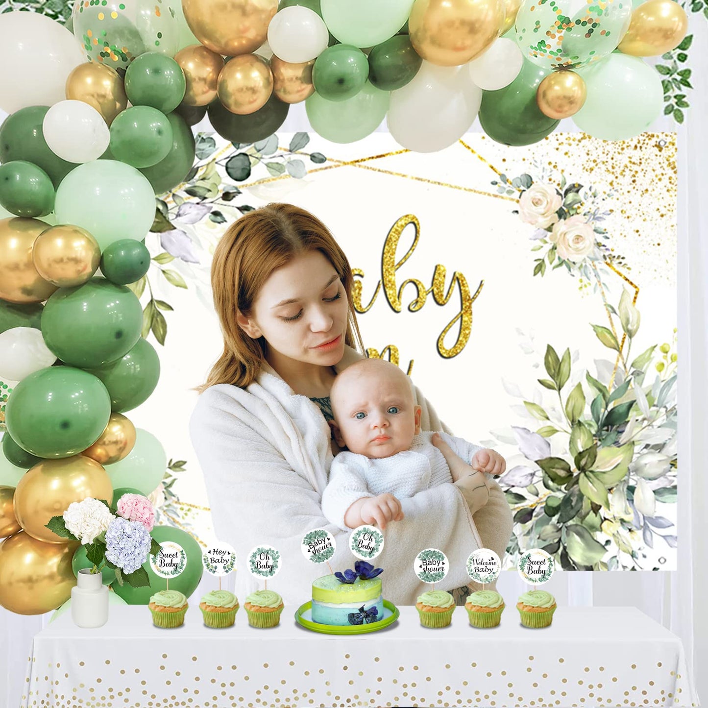 Sage Green Baby Shower Decorations For Boy Girl Sage Green Balloon Garland Kit,Baby In Bloom Backdrop Banner,Eucalyptus Cake Toppers,Greenery Olive Boho Rustic Gender Reveal Neutral Welcome Baby Party