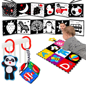 4 Pcs Black And White High Contrast Baby Toys 0-3-6 Months Newborn Essential Montessori Toys For Babies Crinkle Sensory Book For Brain Development Tummy Time Mirror Infant Carseat Rattle 9 Month Gift