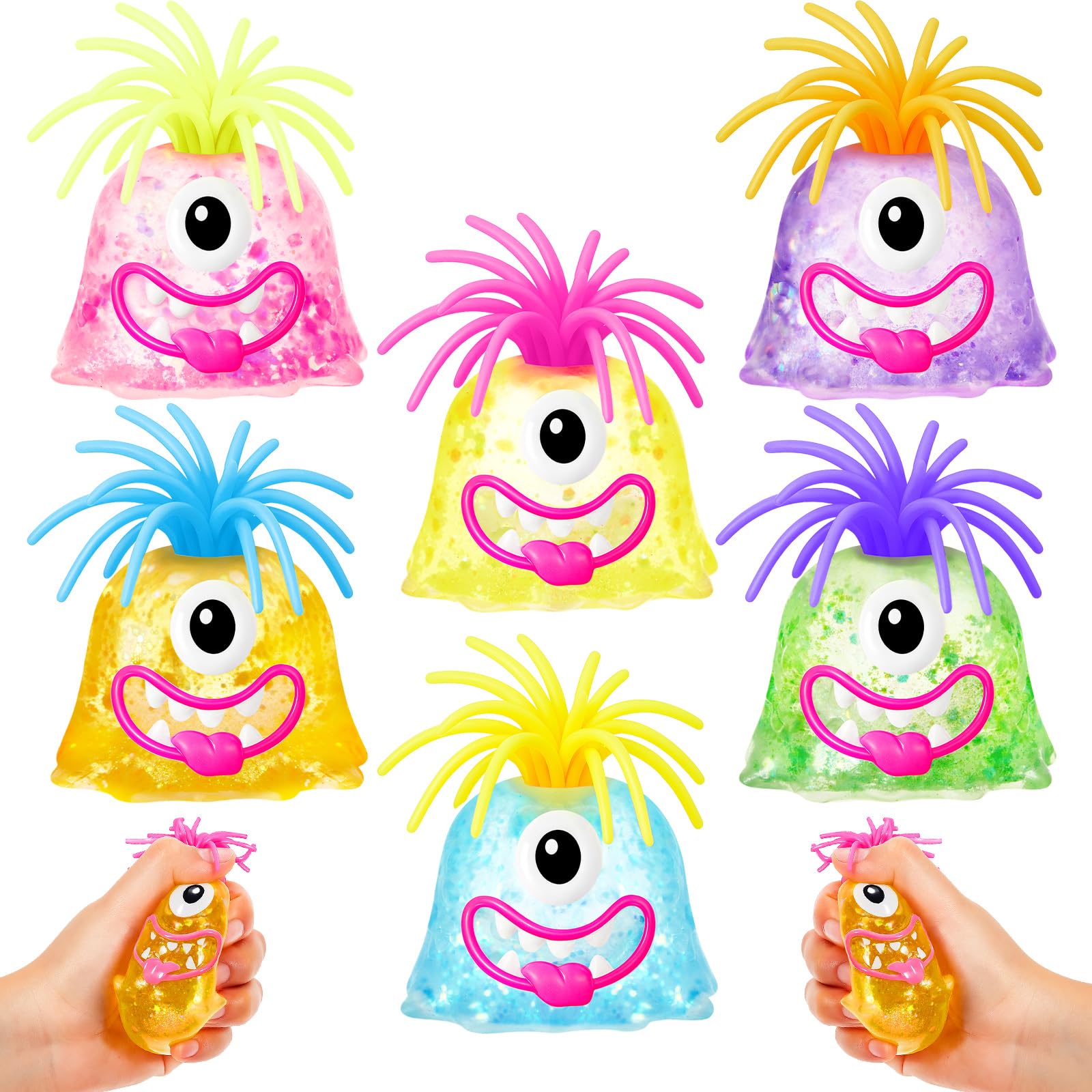 Simgoing 6 Pcs Glitter Hair Pulling Fidget Toys for Christmas Monster Party Favors Stress Relief Squeeze Monster Hair Pulling To