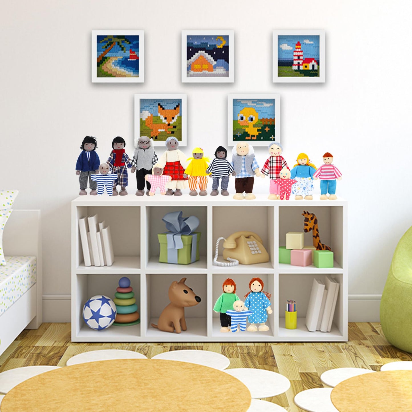 ONEST 17 Pieces Wooden Dollhouse Family Set Mini People Figures Sets Dollhouse Dolls Wooden Doll Family Pretend Play Figures Acc