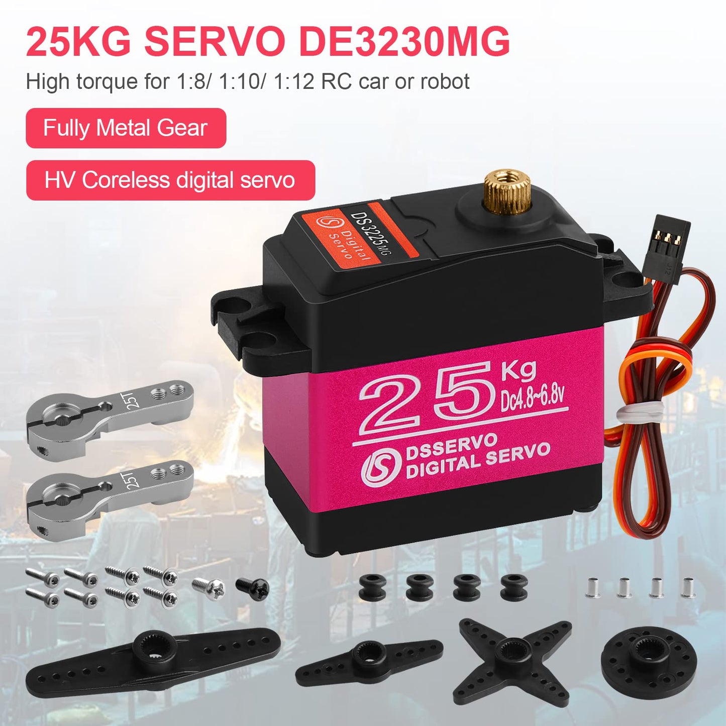 25Kg High Torque Rc Servo Digital Servo Full Metal Gear Waterproof With 2 25T Servo Horn Compatible With 1/6,1/8, 1/10, 1/12 Rc