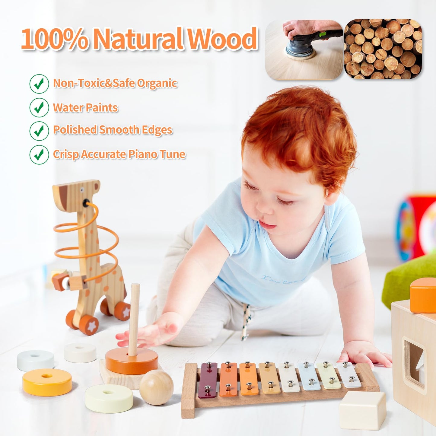 Montessori Toys For 1-3 Year Old, Baby Toys 12-18 Months, Wooden Stacking Rings Toys For Toddlers, Shape Sorting Cube, Xylophone, Preschool Sensory Developmental Educational Toys For Babies