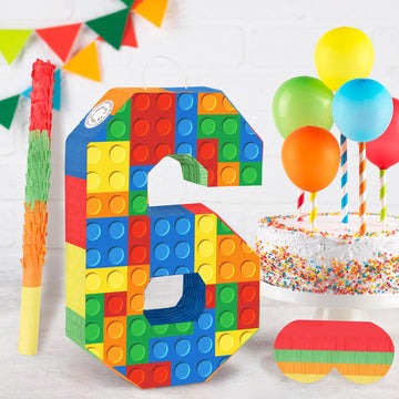 Hooqict Building Blocks 6th Birthday Pinata Set - Number 6, Cardboard, Multicolor, Includes Stick & Blindfold for Kids Party Supplies