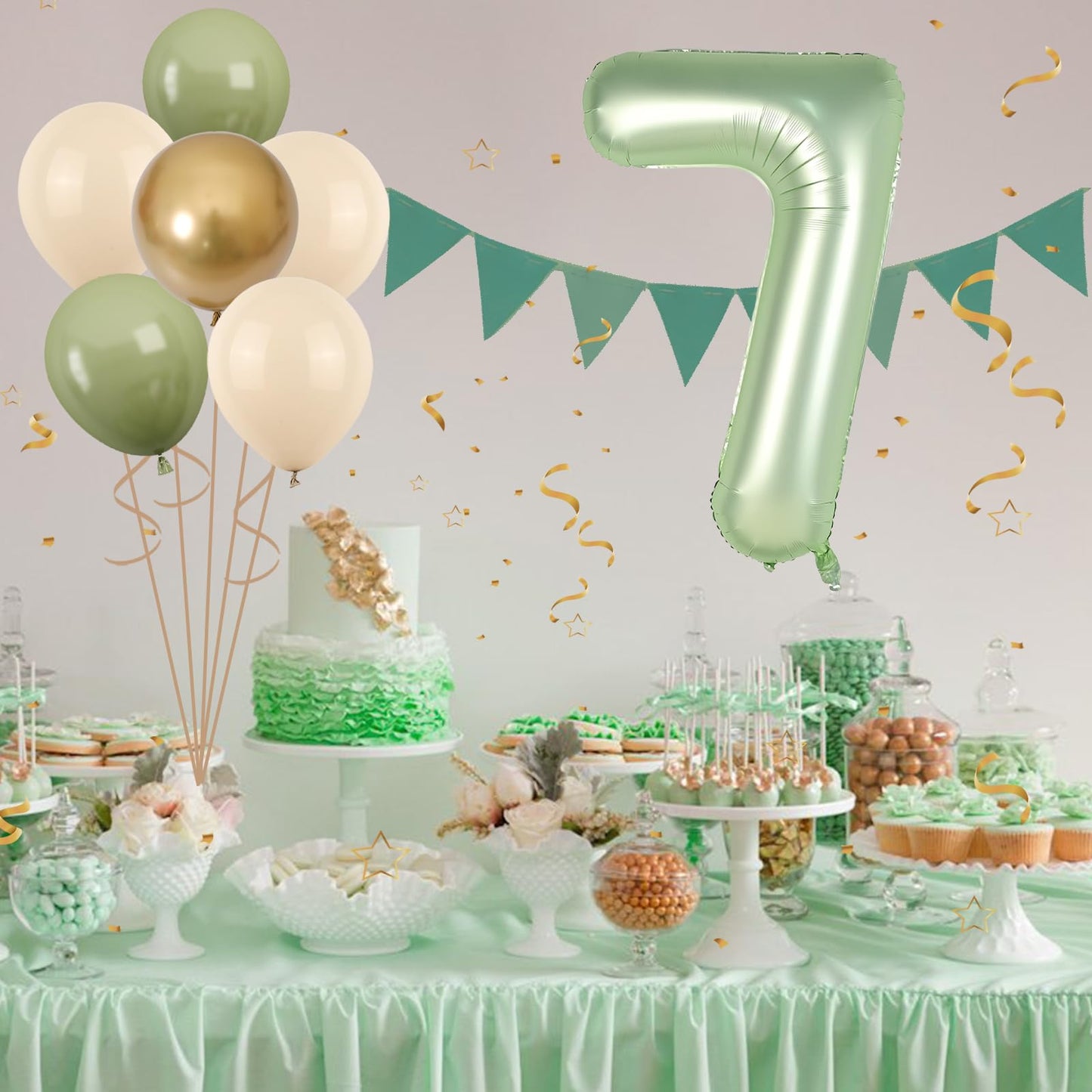40 Inch Sage Green Number 7 Balloon, Olive Green 7Th Birthday Balloons, Retro Sand White Avocado Green Gold Latex Balloons Giant