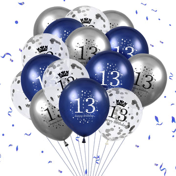 13Th Birthday Balloons, 15 Pcs Navy Blue Silver 13Th Birthday Balloons For Boys Girls Blue Happy 13Th Birthday Party Decorations Balloons Decor 12 Inches