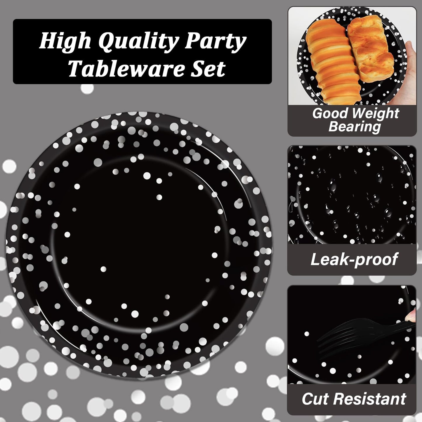 96 Pcs Black And Silver Party Supplies Paper Plates Napkins Silver Dot On Black Party Birthday Tableware Kit Black And White Bir