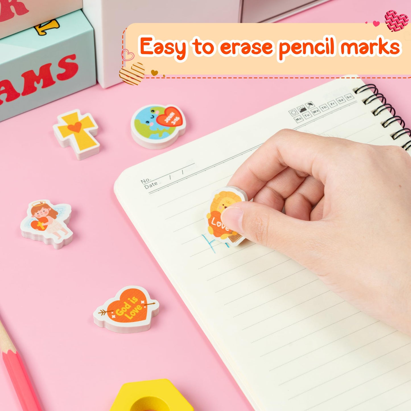 Yopyame 60Pcs Valentines Day Bible Mini Eraser For Kids Bulk God Is Love Cartoon Assorted Novelty Pencil Eraser Cute Puzzle Eras