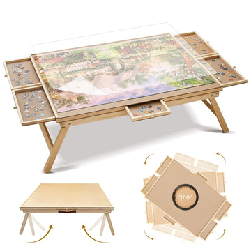 Talgic 1500 Piece Wooden Puzzle Board With 6 Drawers, Cover And Legs, 27'X35' Rotating Adjustable Jigsaw Puzzle Table For Adults, Portable & Folding Puzzle Accessories For Birthday Gift