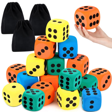 Meooeck 18 Pcs 3.15'' Large Eva Foam Dice Assorted Colors Soft Dot Dice Foam Yard Cubes With Number Dots And Storage Bag For Bui