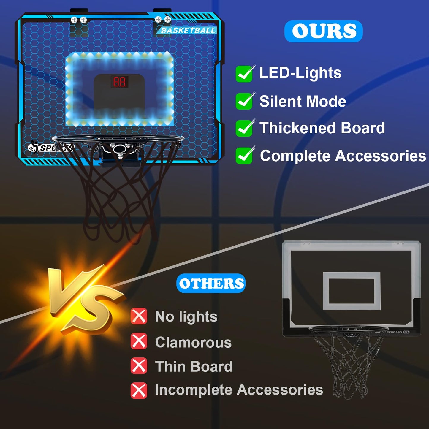 Basketball Hoop Indoor With Led Lights, Basketball Toys Gifts For 5 6 7 8 9 10+ Year Old Boys Kids, Indoor Over The Door Mini Ba