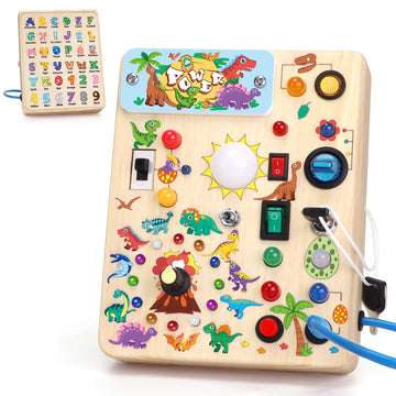 Wakeinsa Toddler Busy Board,Montessori Toys For 1-3 Years Old,Baby Sensory Board,Wooden Learning Toys,Christmas & Birthday Gift For Boys & Girls (Dinosaur Busy Board V2)