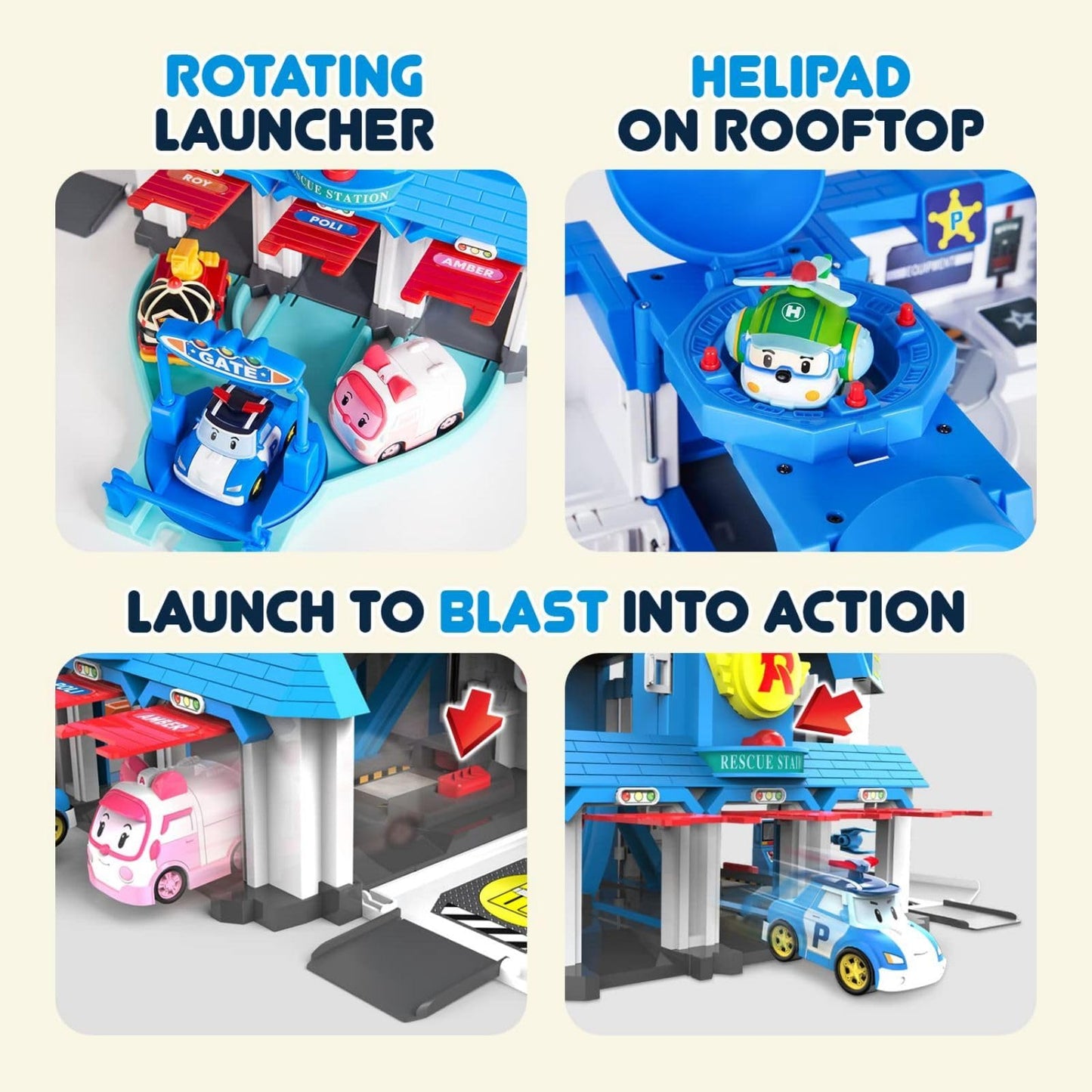 Robocar Poli Transforming Headquarters Playset - Rescue Center Race Track for Diecast Cars, Firetruck Station, Ages 1-5, Plastic