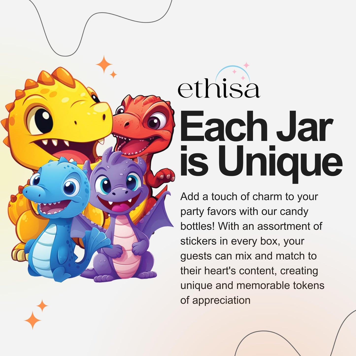 Ethisa 12 Pack Dinosaur Party Favors - DIY Candy Jars with Ribbons and Stickers - Party Decoration Bottles for Birthday, Baby Sh