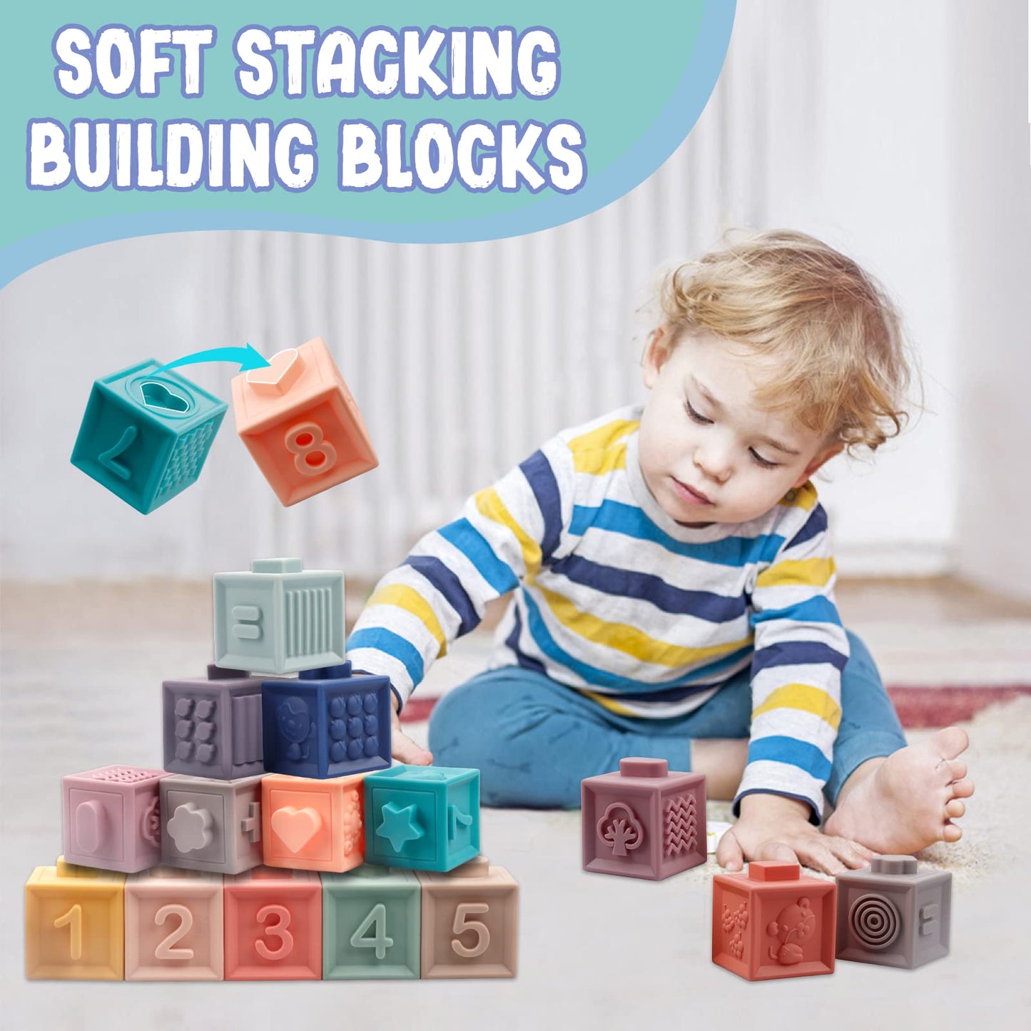 Montessori Toys For Babies 6-12 Months, Soft Baby Blocks Toys Set, 3 In 1 Infant Stacking Building Blocks, Teething Toys Sensory
