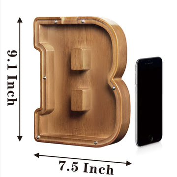 Aorcmitn Large Wooden Letter Coin Personalized Piggy Bank For Boys Girls Kids Toddler Adults Money Bank Best Gift For Friends (9.2 Inch-B)