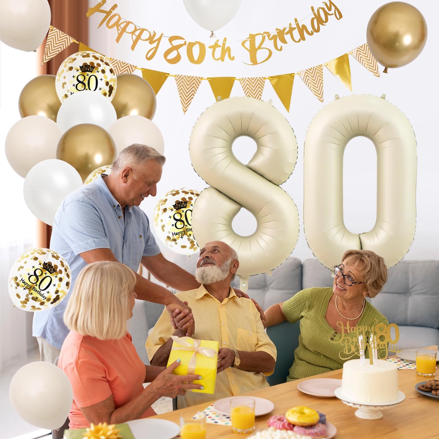 80Th Birthday Decorations Sand White Gold,80Th Birthday Balloons Beige Gold,Happy 80Th Birthday Banner With Cake Toppers Number