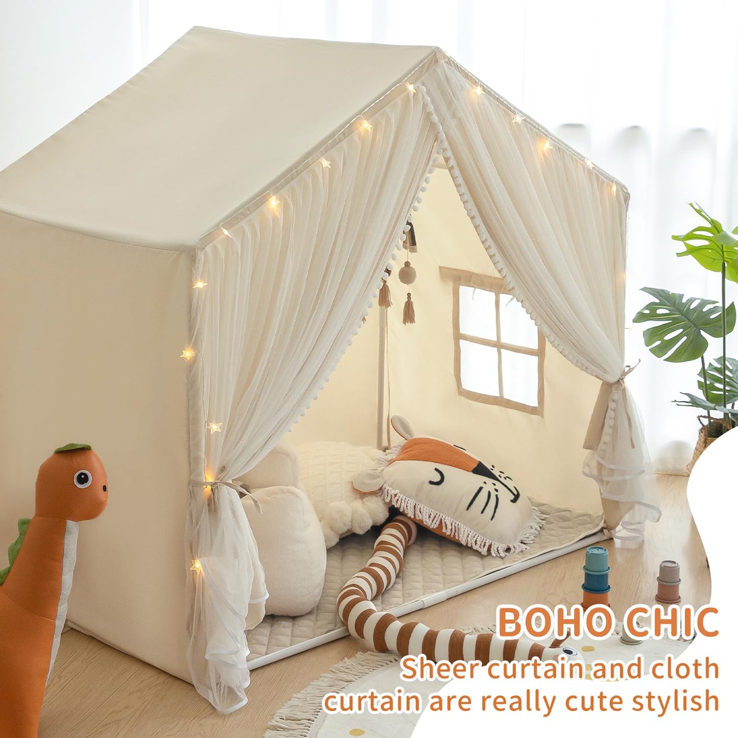Kids Play Tent, Kids Tent Large Princess Castle Pompoms Play Tent Indoor Playhouse Tent For Girl, Come With Star Lights