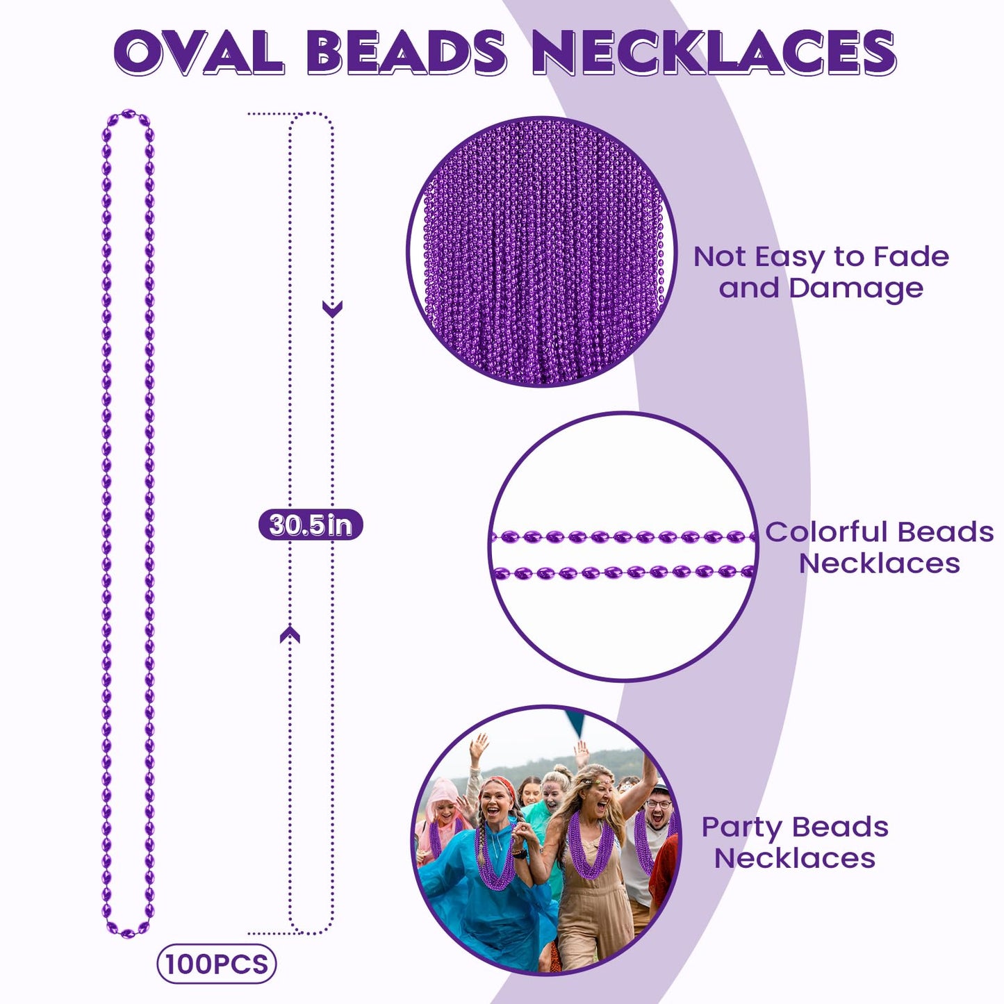 Shaoqinlin 100 Pcs Purple Mardi Gras Beads, Purple Oval Beads Necklaces 30.5'' Metallic Beaded Costume Necklaces Party Necklaces