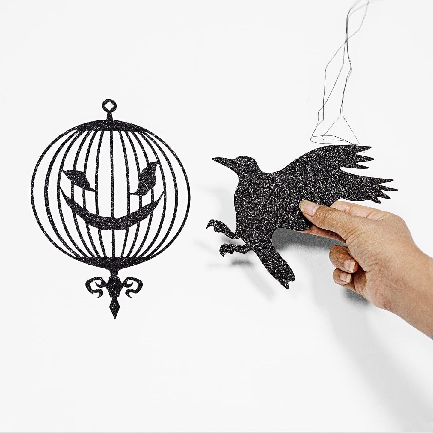 Glitter Black Crow Cage Decorations For Gothic Halloween Tree Hanging Decorations Raven Bird And Cage Banner Garland Centerpiece