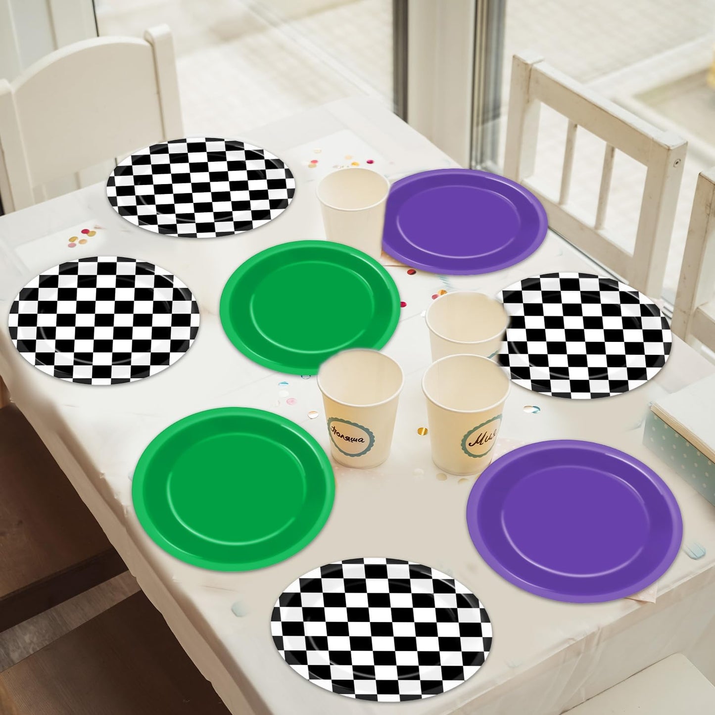 CHUNNIN 48PCS Green Purple Monster Truck Party Paper Plates for Monster Truck Themed Party Supplies 7  Checkered Racing Car Birt