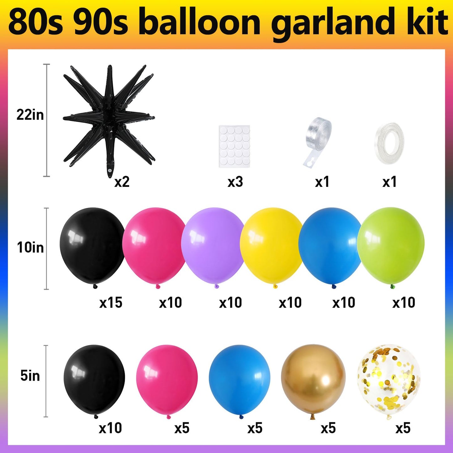 80S 90S Theme Party Balloon Garland Arch Kit, Black Rose Red Purple Green Blue Yellow Metallic Gold Latex Balloons Decorations B