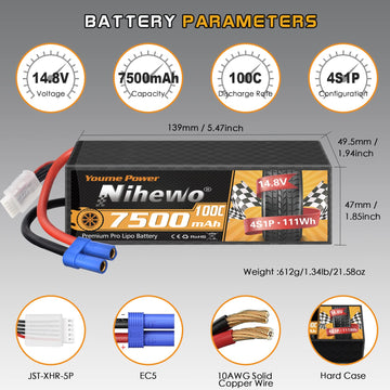 Nihewo 2Packs 4S Lipo Battery, 14.8V 7500mAh Lipo Batteries Hardcase 100C EC5 Plug Compatible with Arrma E-flite 1/5 1/6 1/7 1/8