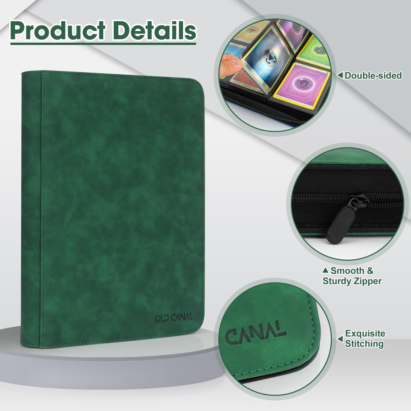 Old Canal Trading Card Binder  9 Pocket Card Album Folder Hold Up to 540 Cards  enhanced and Durable Zipper Binder  Cards Holder Album for MTG  TCG  Baseball Cards  Football Cards (Dark Green)