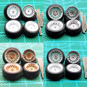 1/64 Wheels,Front Small Rear Big For Muscle Cars And Sports Cars,Series H Hwp 4 Sets/Pack,Three Spokes,Abs Wheels With Rubber Ti