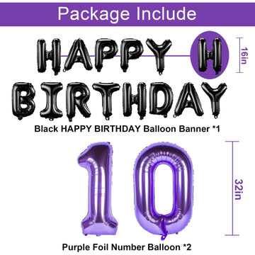 Naninuneno 10Th Birthday Decorations Set For Girl Women Boy Men, Purple Black 10 Happy Birthday Balloons Supplies With Purple Nu