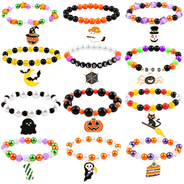 DULEFUN 12pcs Halloween Bracelets for Kids, Halloween Party Favors Bead Bracelets and Charms Set Trick or Treat for Boys Girls H