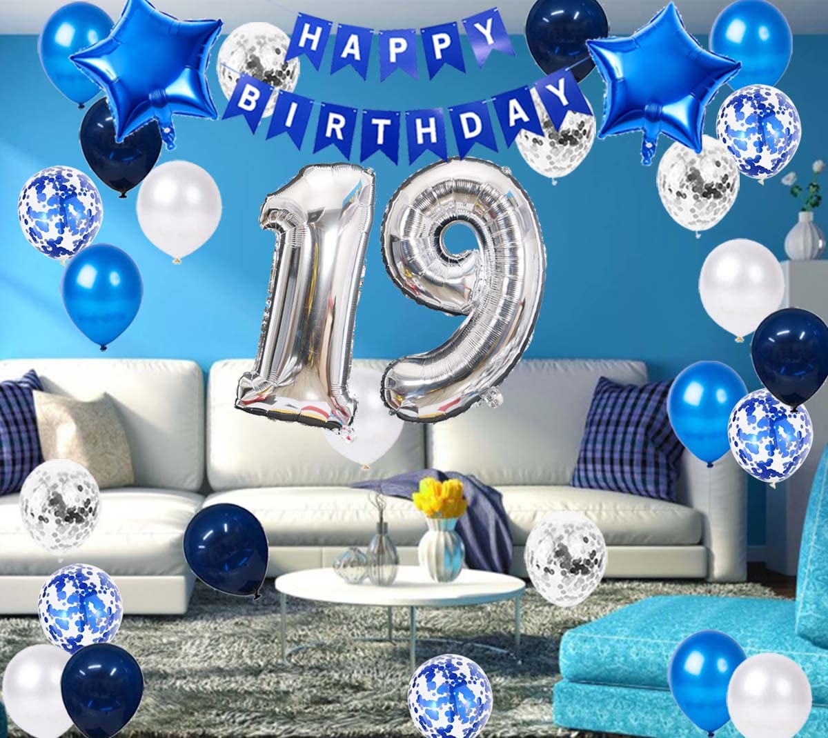 JumDaQQ 19th Birthday Party Decoration - Blue Latex Balloons & Confetti, Model JD-19th-blue silver-31