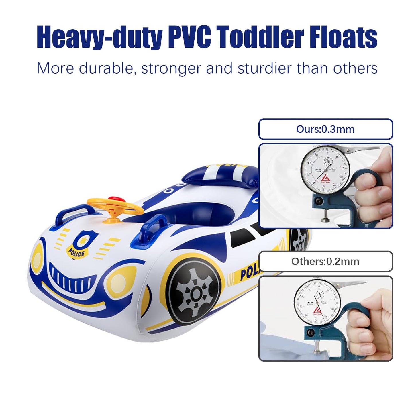 BOffer Baby Pool Float - 3D Police Car Design, Heavy Duty PVC, 31x24x0.54", Blue White, Model HH2025
