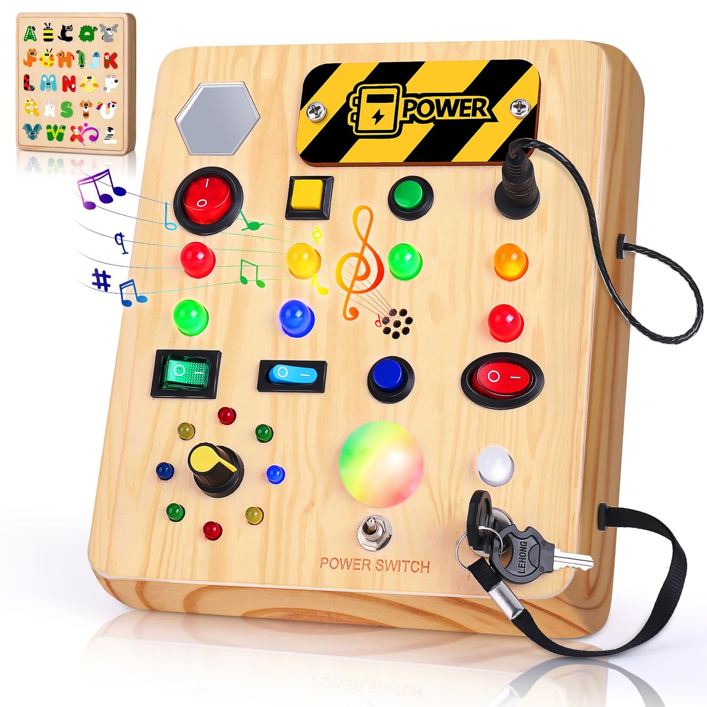 Tintecusa Busy Board With Led Light, Wooden Sensory Toys For Toddler, Montessori Music Toy For Airplane, Travel Activity Educati