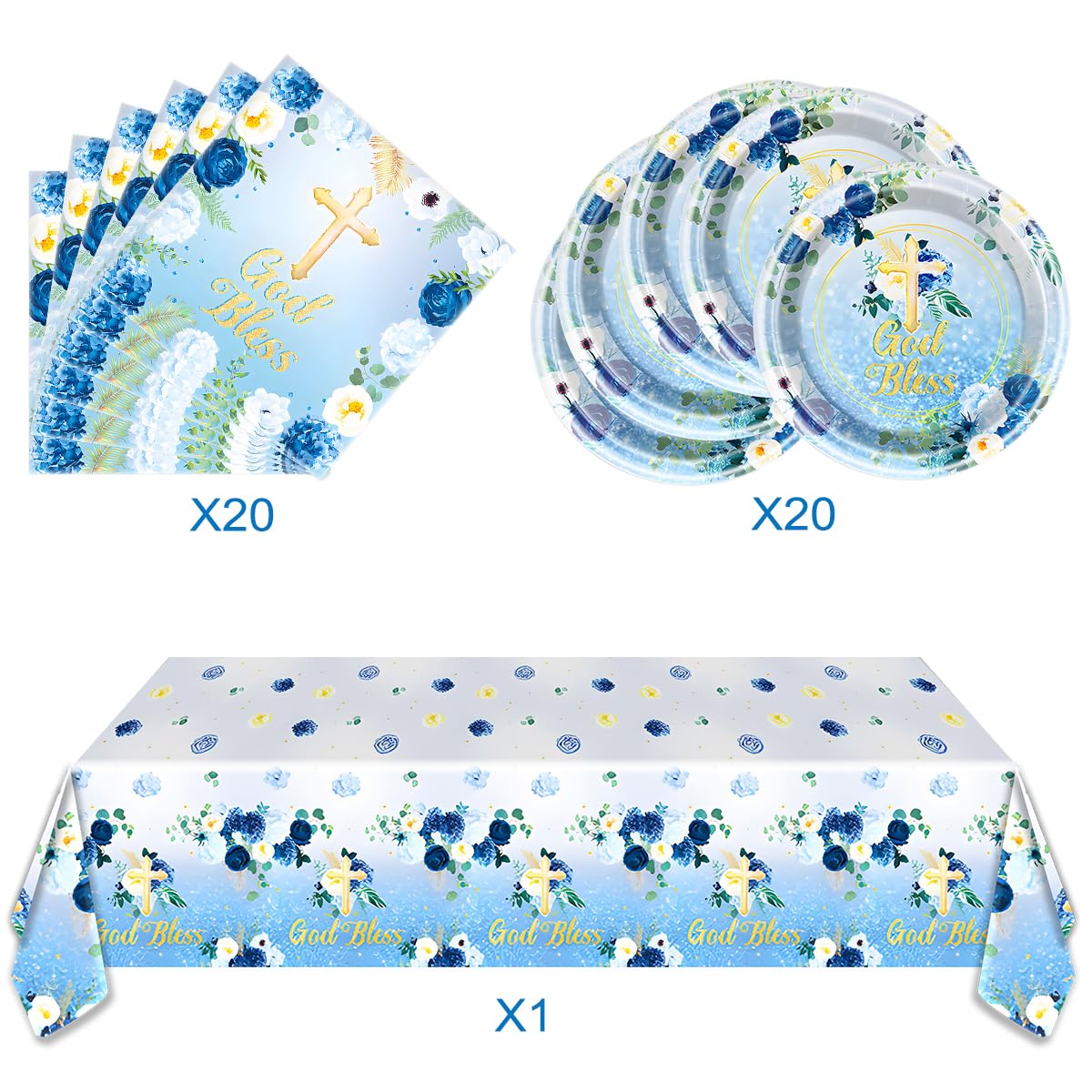 Blue God Bless Tableware Set,First Communion 20 Plates and 20 Napkins and Tablecloth51 x 86,For Newborn Baptism Church Party